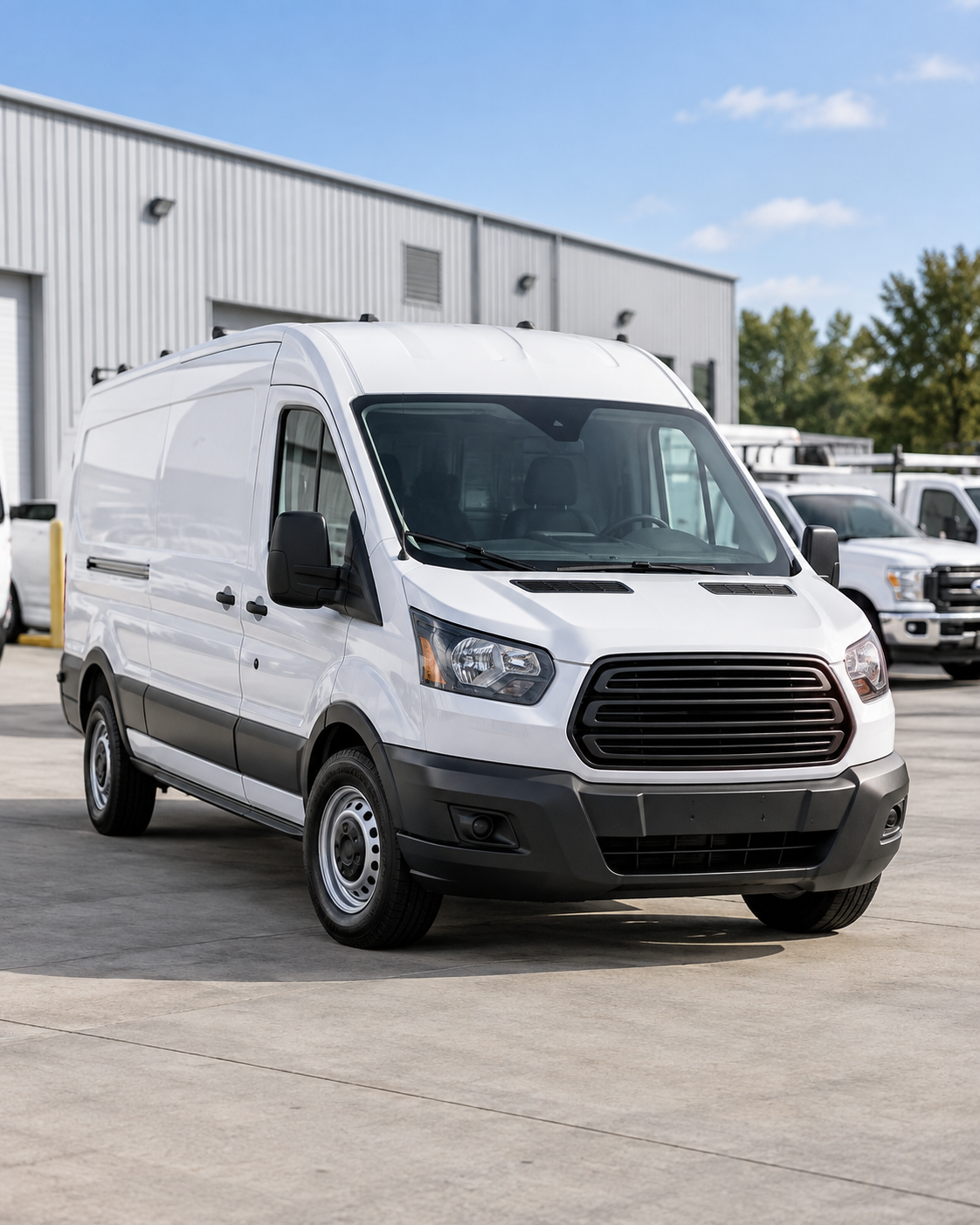 White fleet cargo van parked outside the shop with work trucks behind it