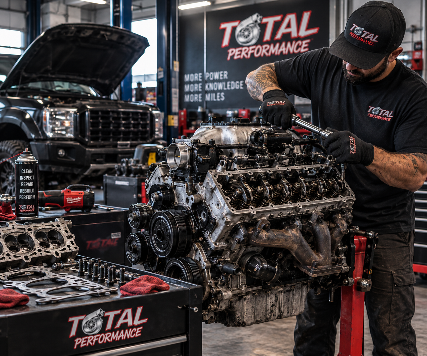 A technician working with a torque wrench inside an open engine bay