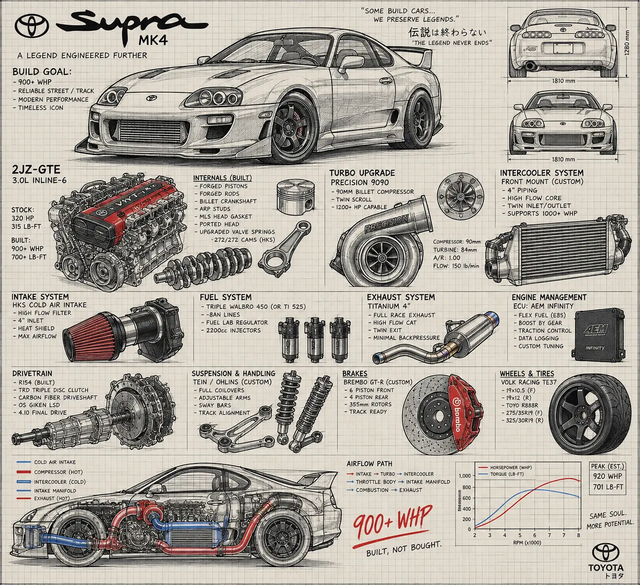 Technical build poster breaking down a turbocharged street build — engine internals, turbo, fuel system, suspension, brakes and dyno curve