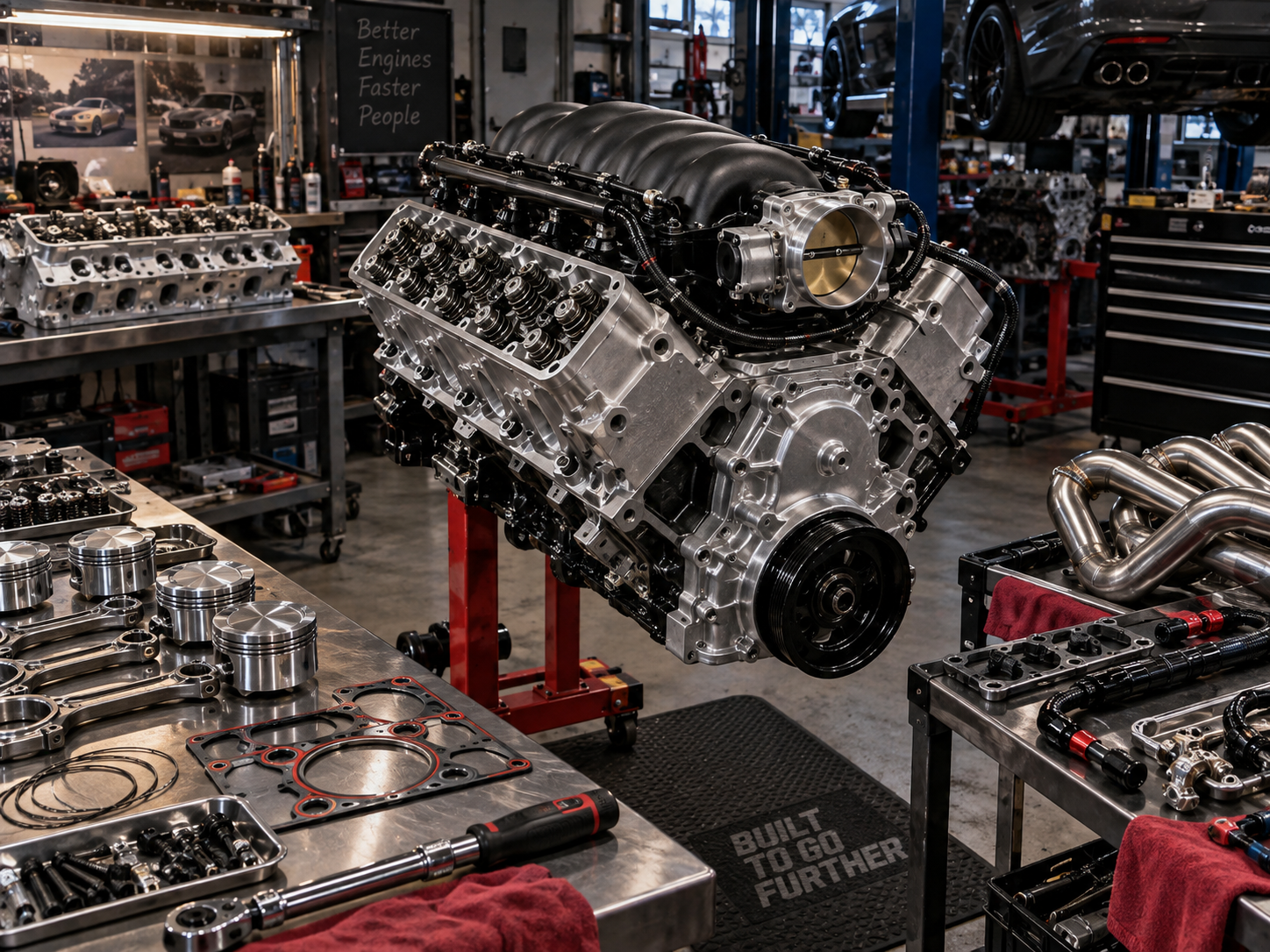 A disassembled engine block on a bench with rotating assembly components laid out