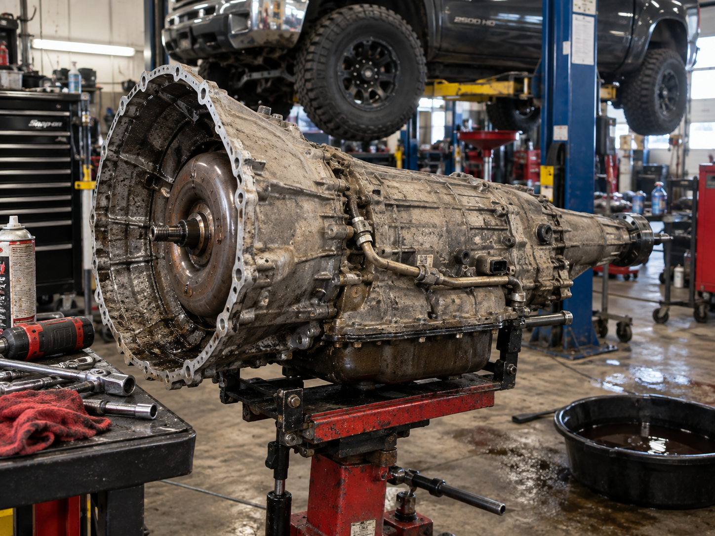 A transmission on a jack beneath a lifted vehicle in the shop