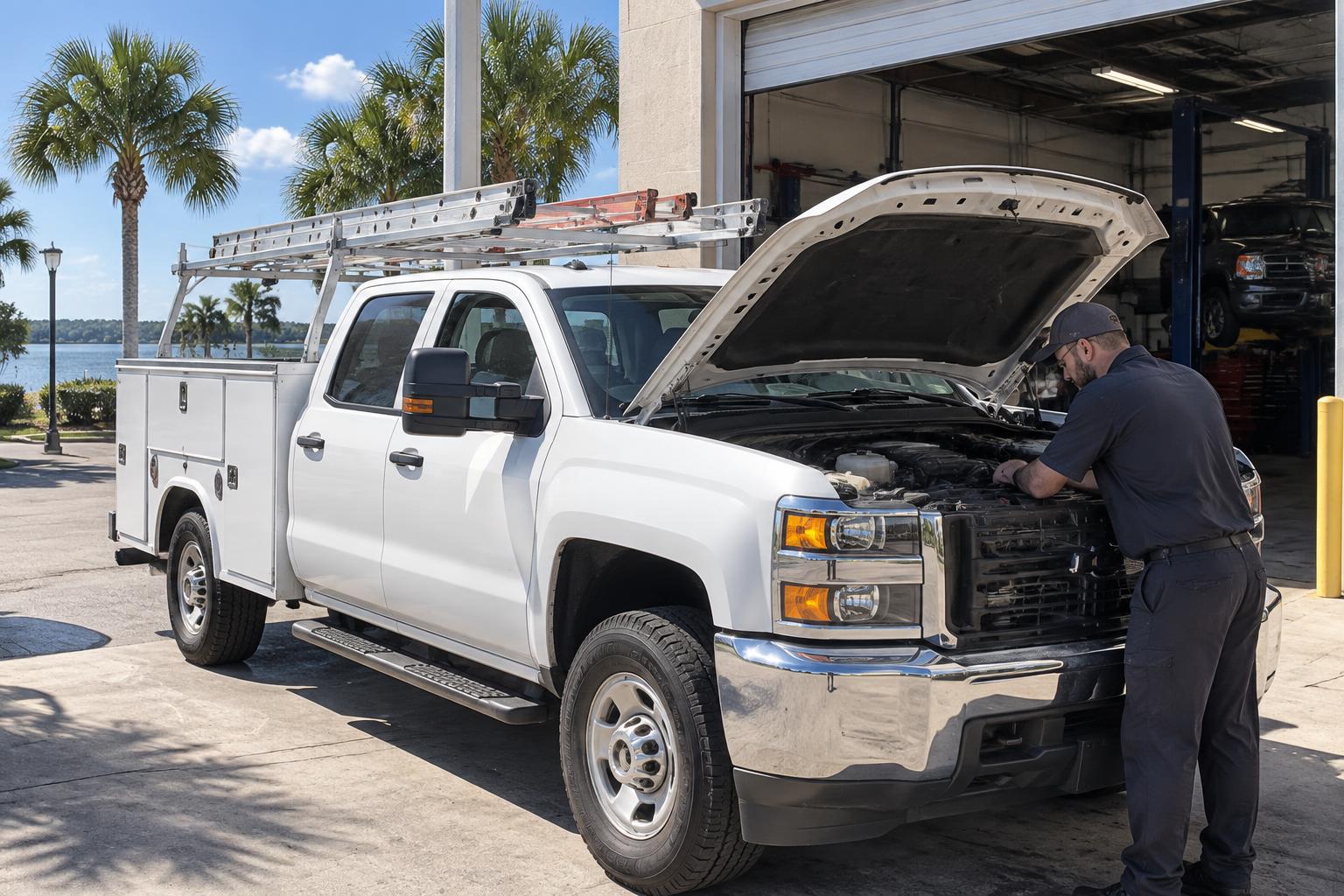 Work truck with its hood up for a cooling-system inspection outside Total Performance Tuning in Mount Dora, Florida on a bright Central Florida day