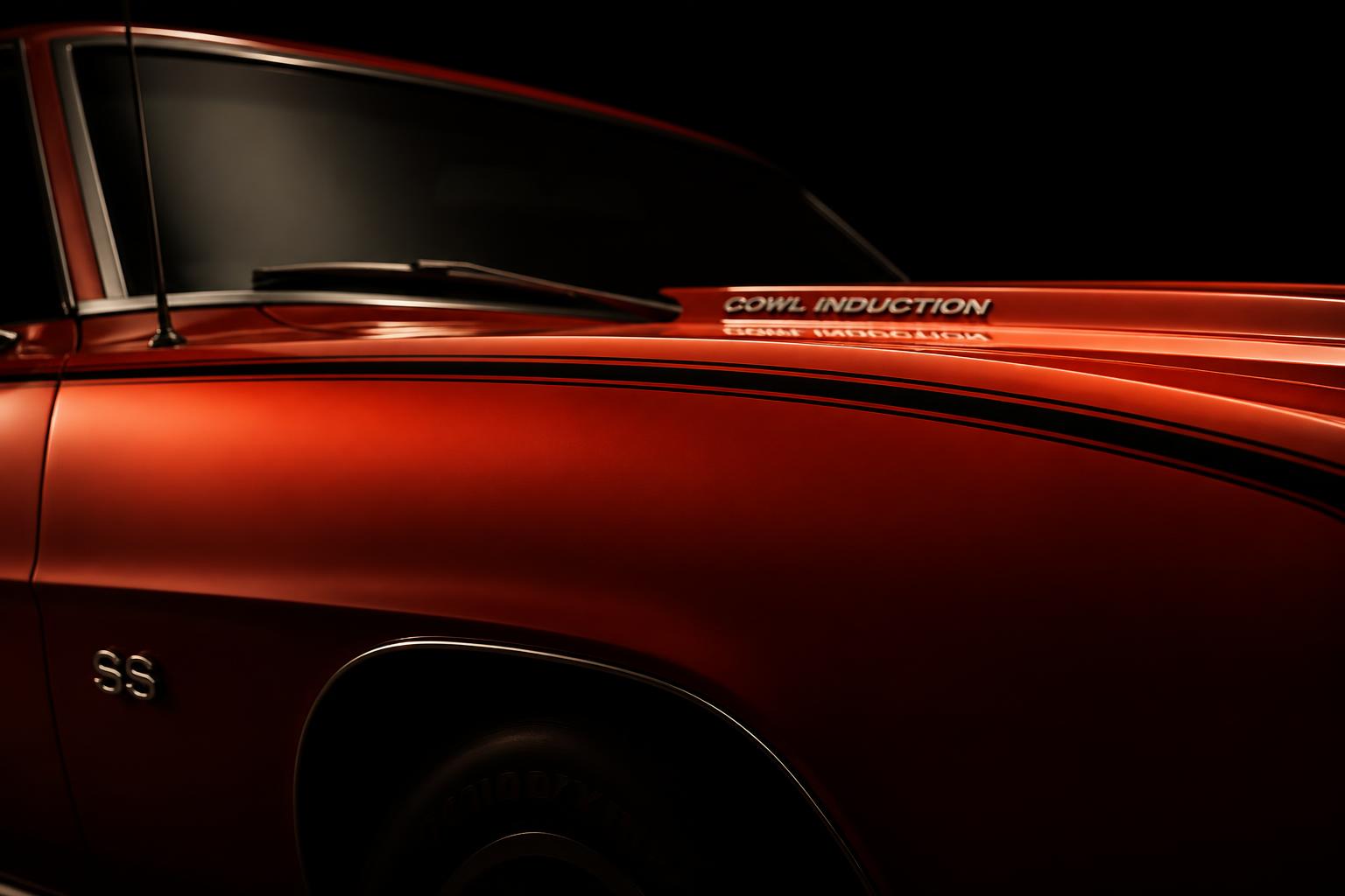 Close-up of a 1969 Camaro SS cowl induction hood and fender body line