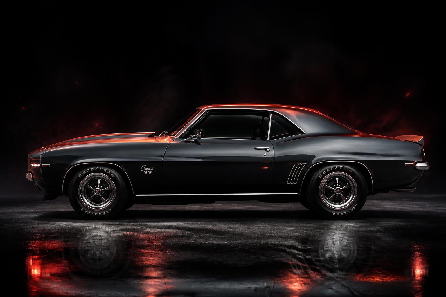 1969 Camaro SS side profile with ember glow on the body line
