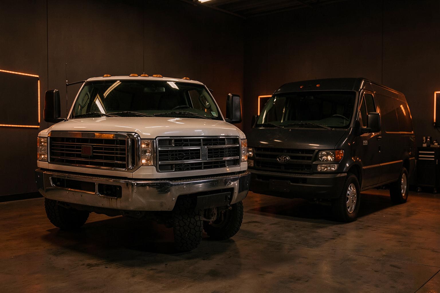 A dually work truck and a cargo van side by side in the service bay under warm shop lighting