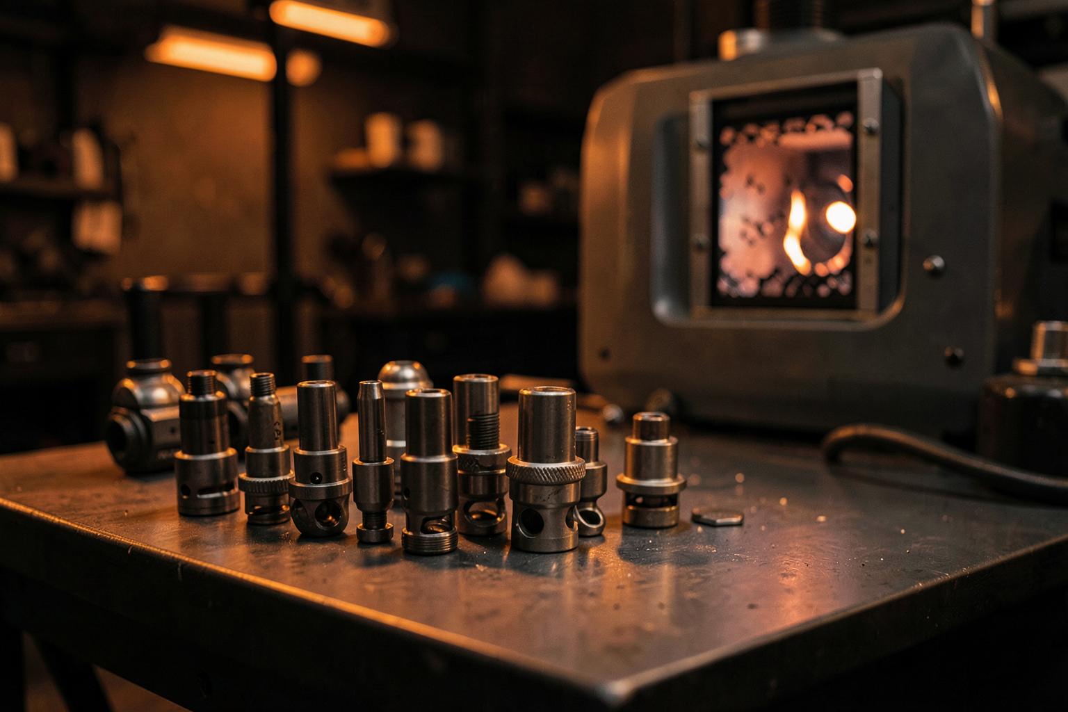A row of fuel injectors on a workbench beside cleaning and testing equipment